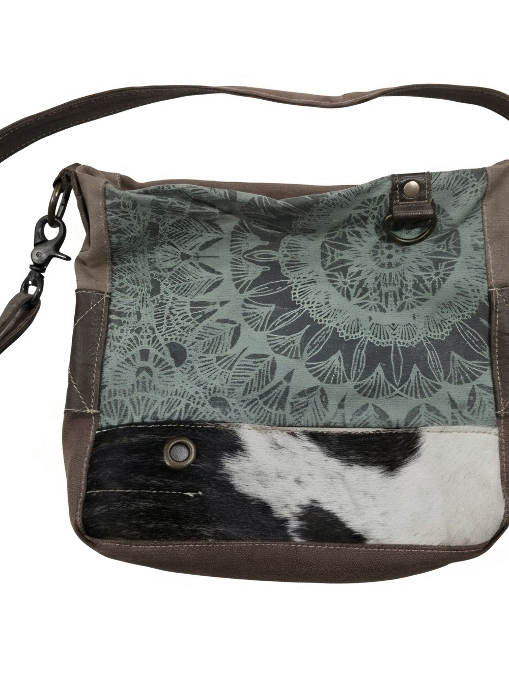 Myra Bag Green and Brown Boho Crossbody with Cowhide Accent